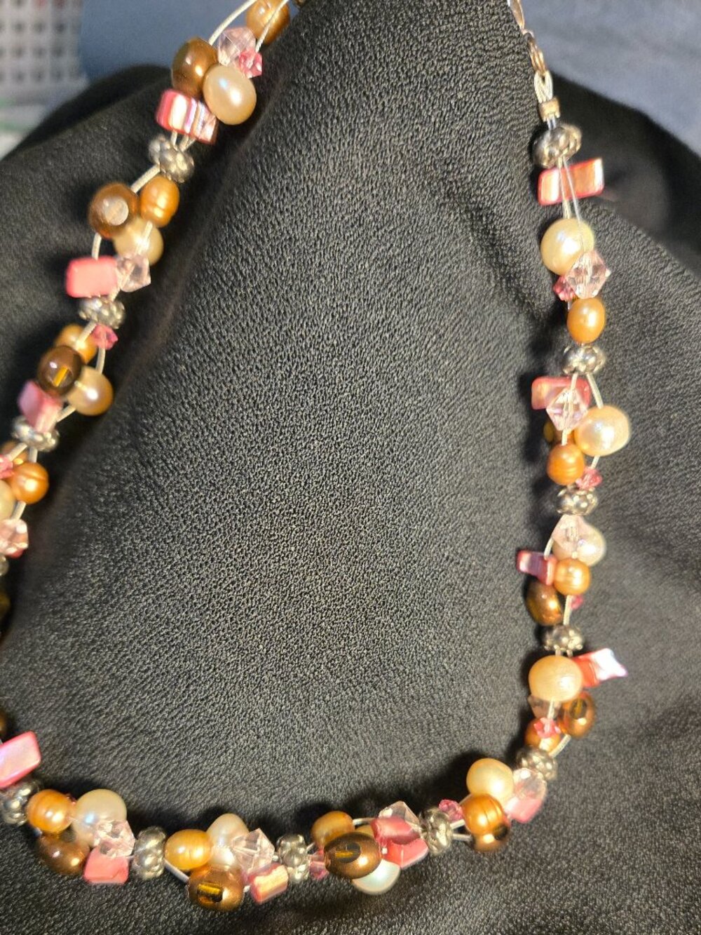 Vintage Floating Pearl Multi Strand Crystal Shell Chip Layered Necklace